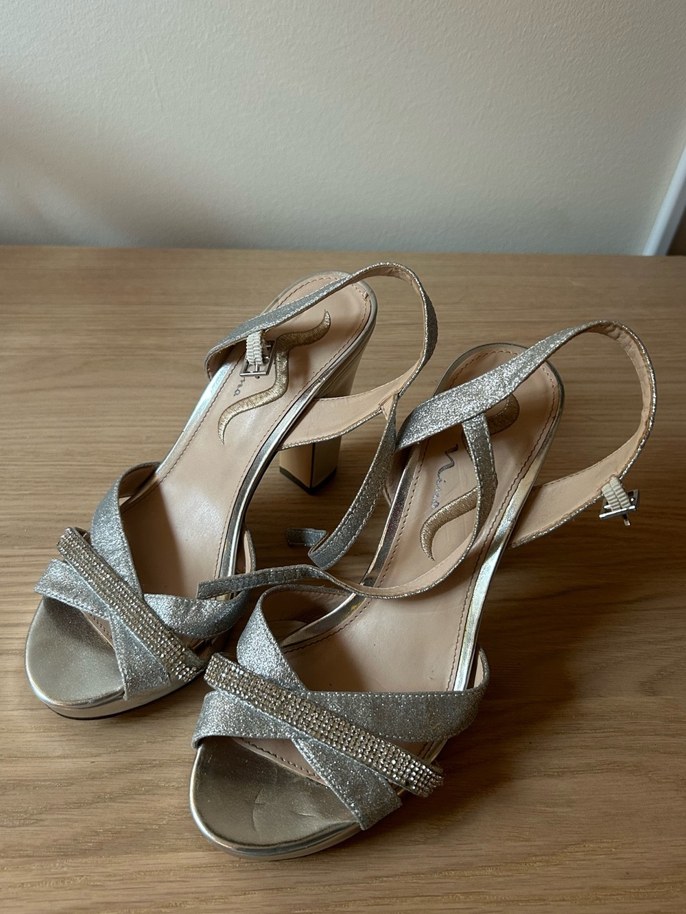 Silver Nina Platform Sandal Heels with Rhinestones